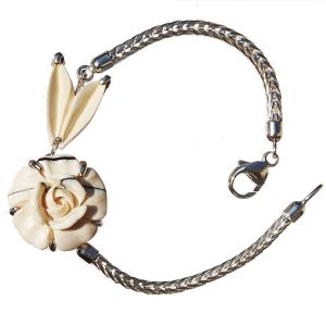 Mammutelfenbein Armband Rose mit Blatt,  Silberfassung und Band 925, M7103-19